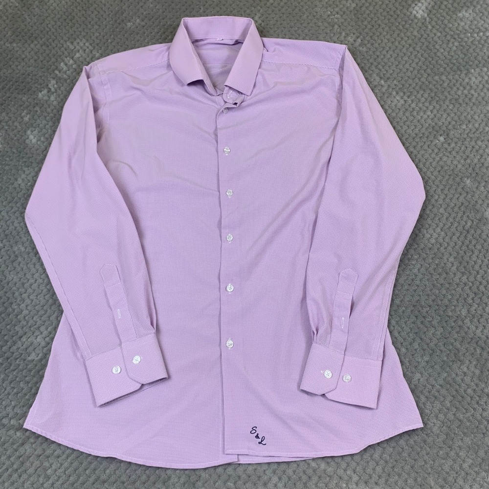 Mens XL Purple Gingham Check Long Sleeve Stretch Button Down Dress Shirt S&L
